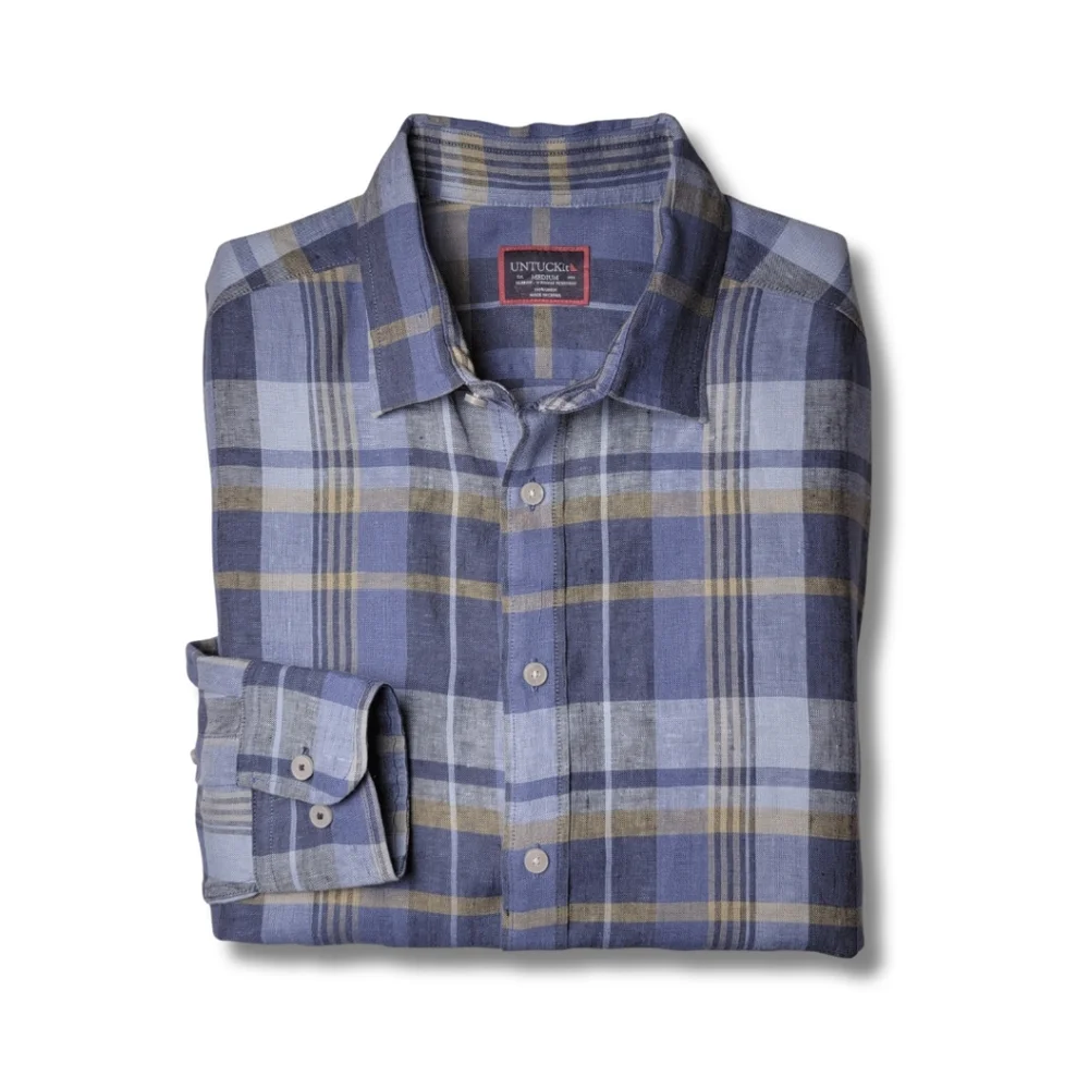 UNTUCKit Tribuno Blue Plaid 100% Linen Wrinkle-Resistant Shirt M - Picture 1 of 5